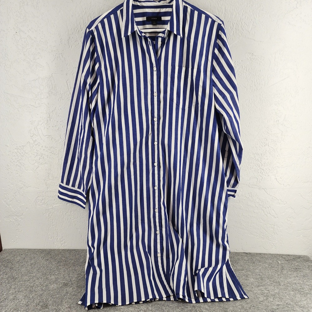 J.Crew Blue White Striped Cotton Long Sleeve Button Down Shirt Dress Womens L